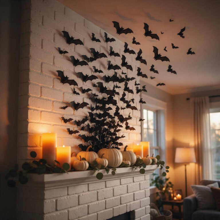 Step 5: Completed 3D bat swarm wall installation soaring dynamically across the fireplace wall in a warm living room