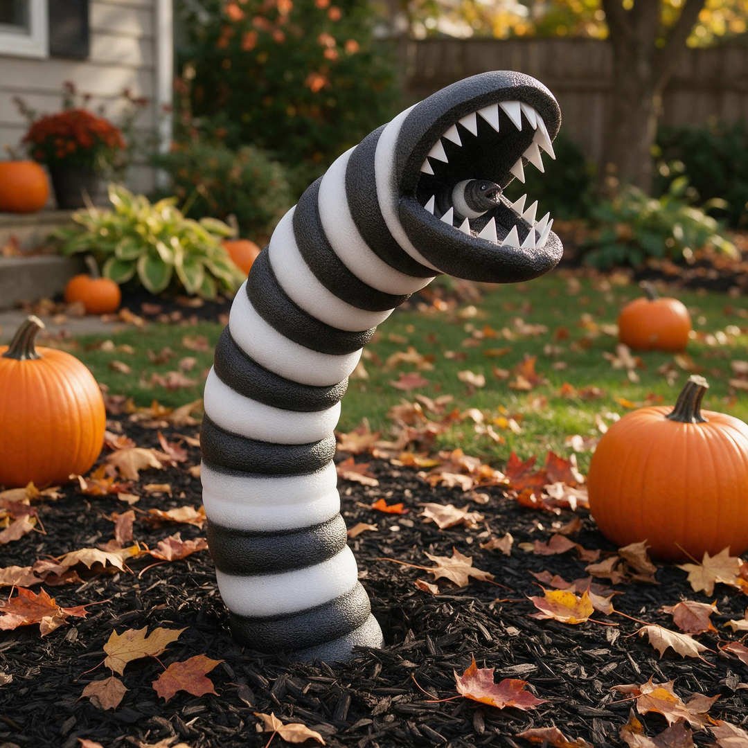 25+ Spooky Beetlejuice Halloween Decorations (Sandworm DIYs!) 6 A 10-foot giant handcrafted black-and-white striped sandworm constructed from pool noodles arching out of garden mulch with open red jaws