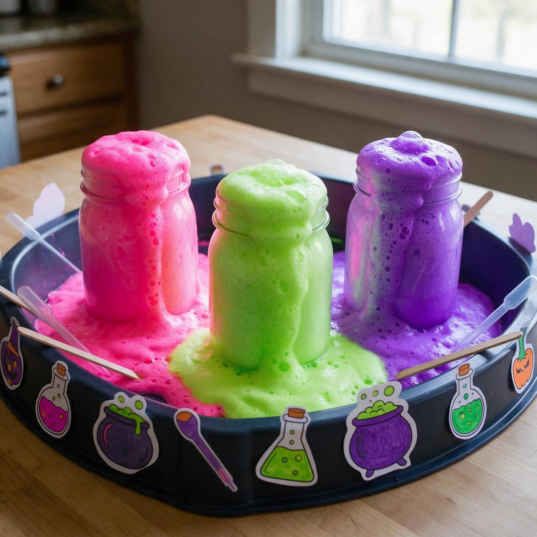 Bubbling Neon Potion Laboratory Bin - Plastic sensory tub with glass potion jars erupting with glowing neon pink and green fizzing foam