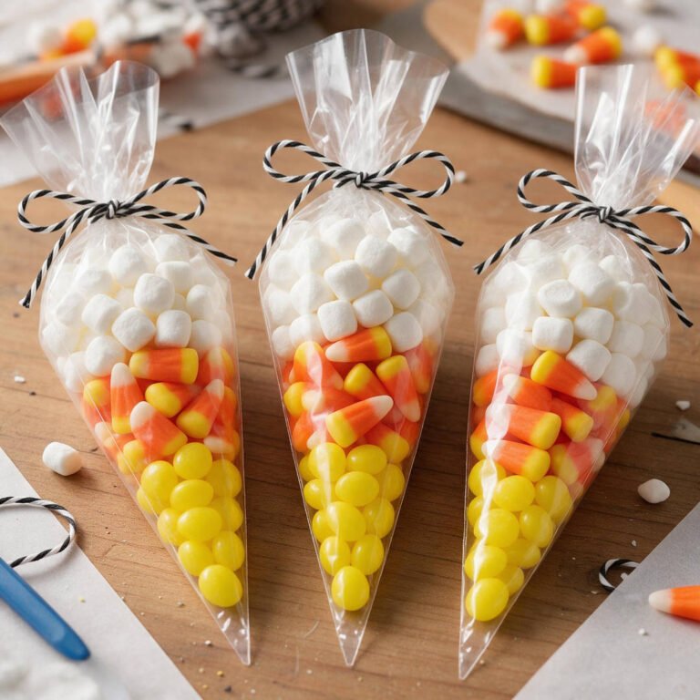 25+ Pinterest-Worthy Halloween Wreaths (Easy Front Door DIYs!) 1 Clear cone-shaped cellophane bags filled with layered candy corn, mini white marshmallows, and tied with black and white twine.