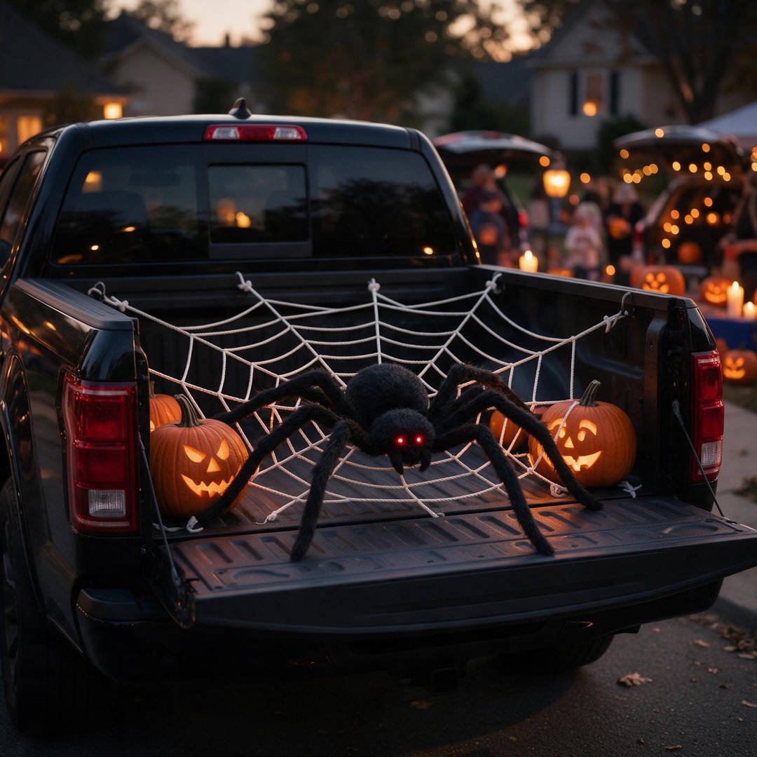 30+ Easy Car Halloween Decorations (Trunk or Treat Ideas!) 6 A black pickup truck bed covered in thick white rope spiderwebs with a giant 5-foot fuzzy spider perched on the tailgate