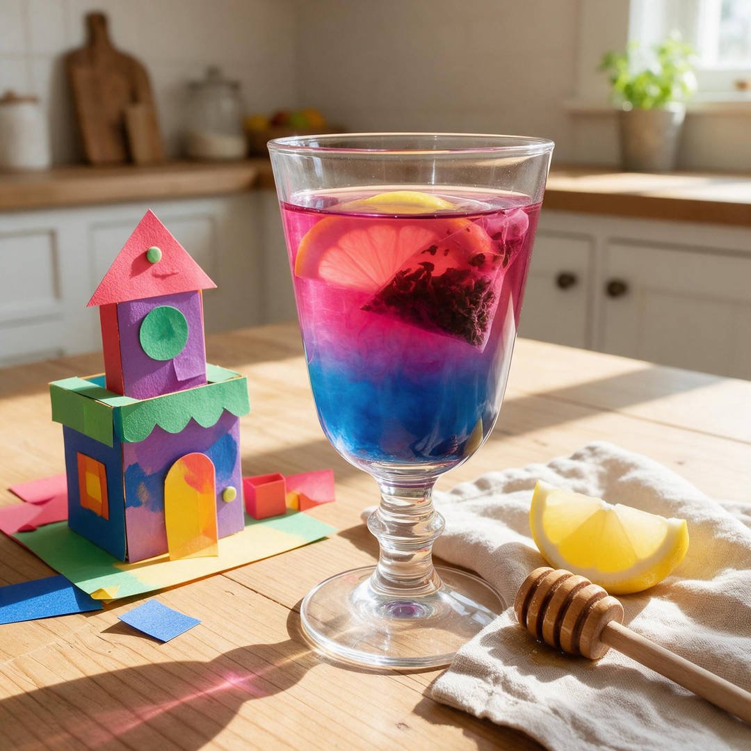 10 Kid-Safe DIY Potion Making Recipes for Halloween Fun 5 Color-Changing Magic Tea Potion - Clear glass goblet with swirling gradient from deep royal blue to bright fuchsia pink with lemon slice