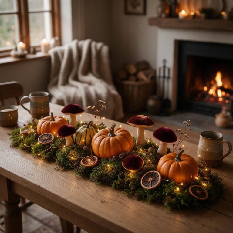 How to Create a Cozy Cottagecore Halloween Display with Natural Elements 12 Step 5: Complete styled cottagecore Halloween centerpiece illuminated by warm amber fairy lights on a cozy dining console table