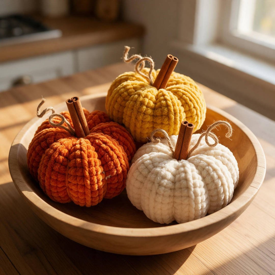 Crochet Plush Mini Velvet Pumpkins - Chubby ribbed amigurumi velvet pumpkins in burnt orange and mustard with cinnamon stick stems