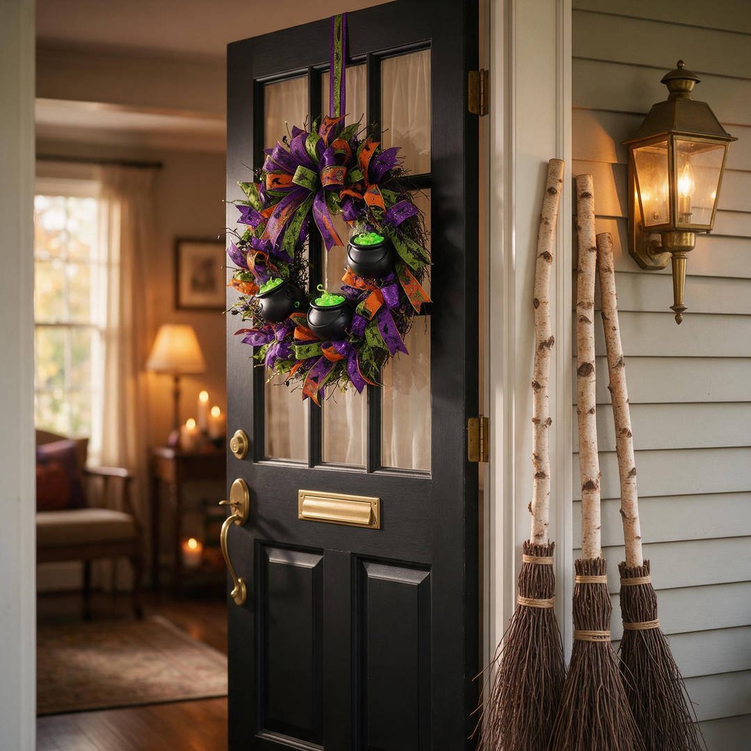 25+ Magical Disney Halloween Outdoor Decorations (Mickey Pumpkins & Haunted Mansion Ideas!) 6 Hocus Pocus Sanderson sisters themed front door wreath with rustic decorative witch brooms