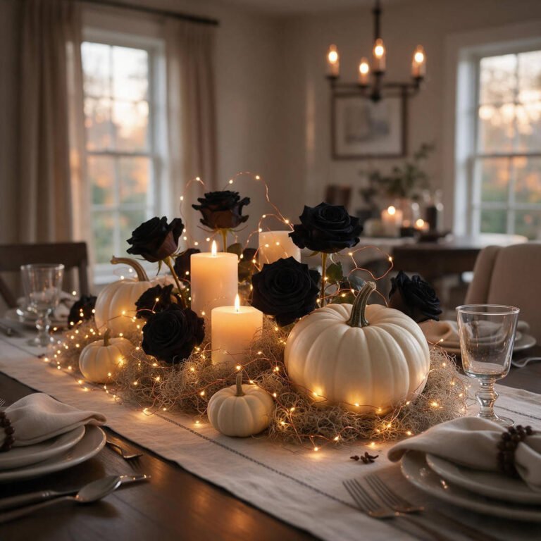 Step 5: Completed chic Halloween centerpiece with glowing fairy lights, pillar candles, and white pumpkins on a decorated dining table