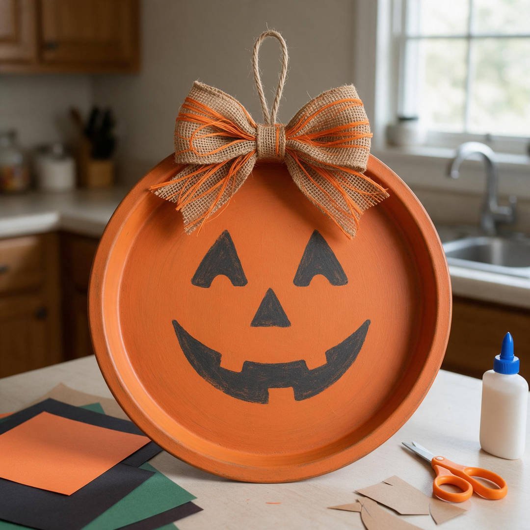 Dollar Tree Pizza Pan Jack-o'-Lantern - Round metal pizza pan painted distressed orange with black jack-o'-lantern face and burlap bow