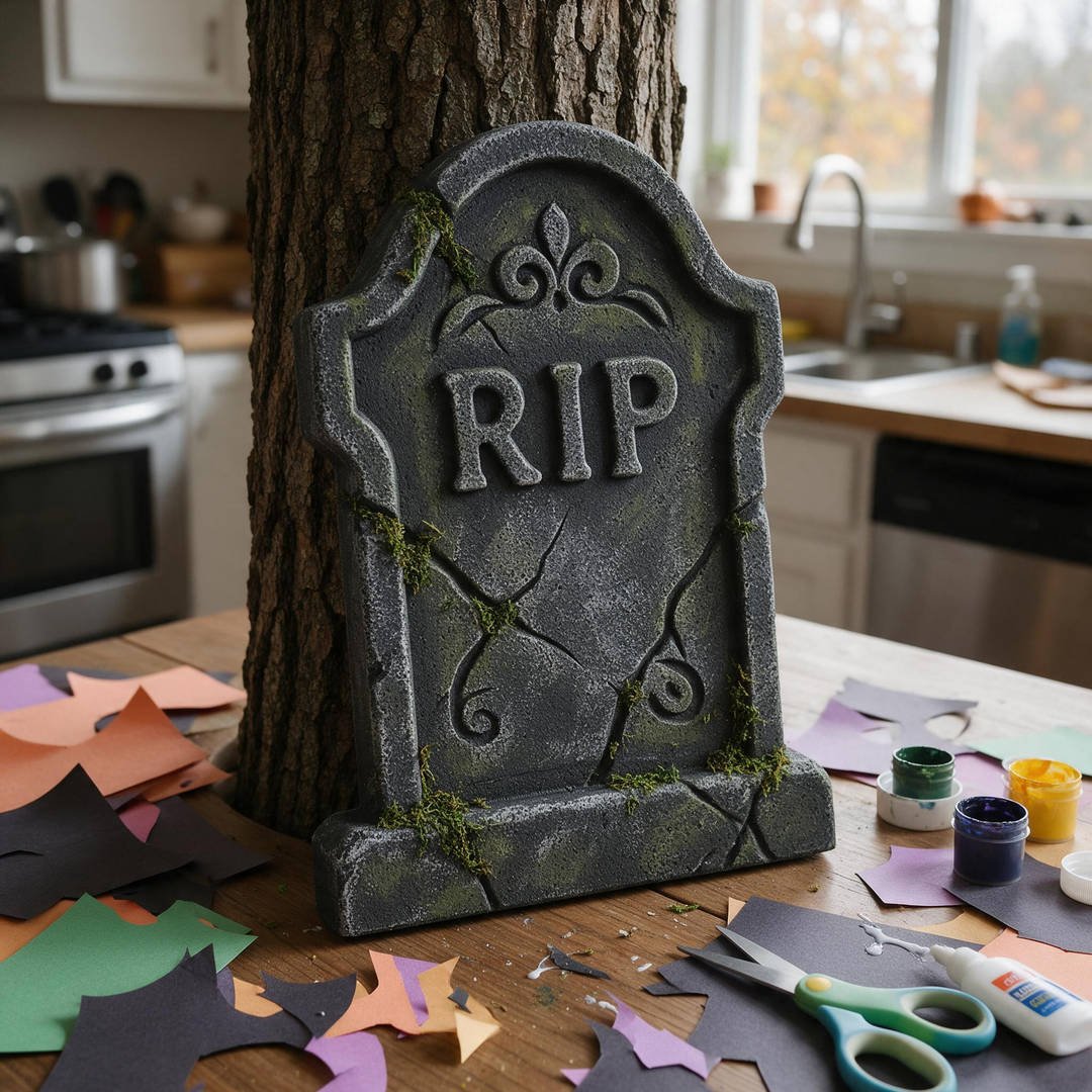 Foam Tombstone Spooky Yard Sign Hacks - Inexpensive foam graveyard headstone dry-brushed with black acrylic paint and green faux moss