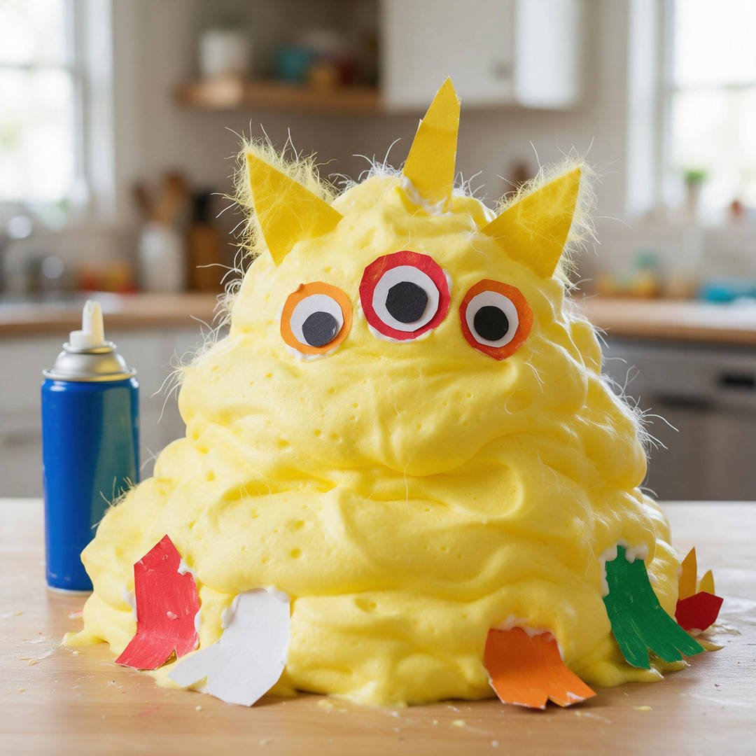 10 Spooky DIY Monster Slime Ideas for Eerie Halloween Fun 5 Fuzzy Fur Fluffy Monster Slime - Puffy lemon-yellow fluffy marshmallow slime puffed with shaving cream on a kitchen table