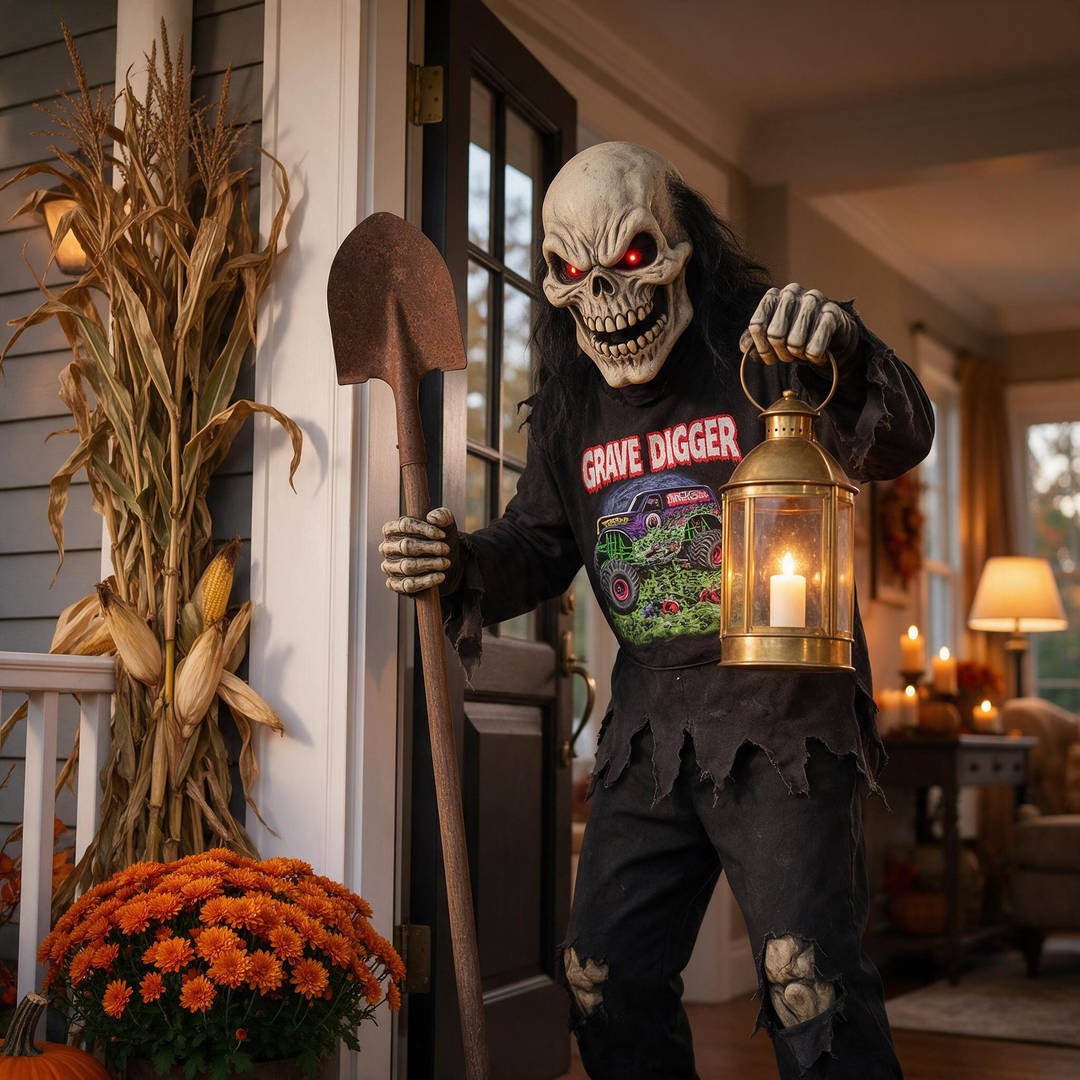 25+ Best Home Depot Halloween Decorations for 2026 (Viral Animatronics & Porch Decor!) 6 Animated life-size Grave Digger porch figure holding a glowing lantern beside fall mums