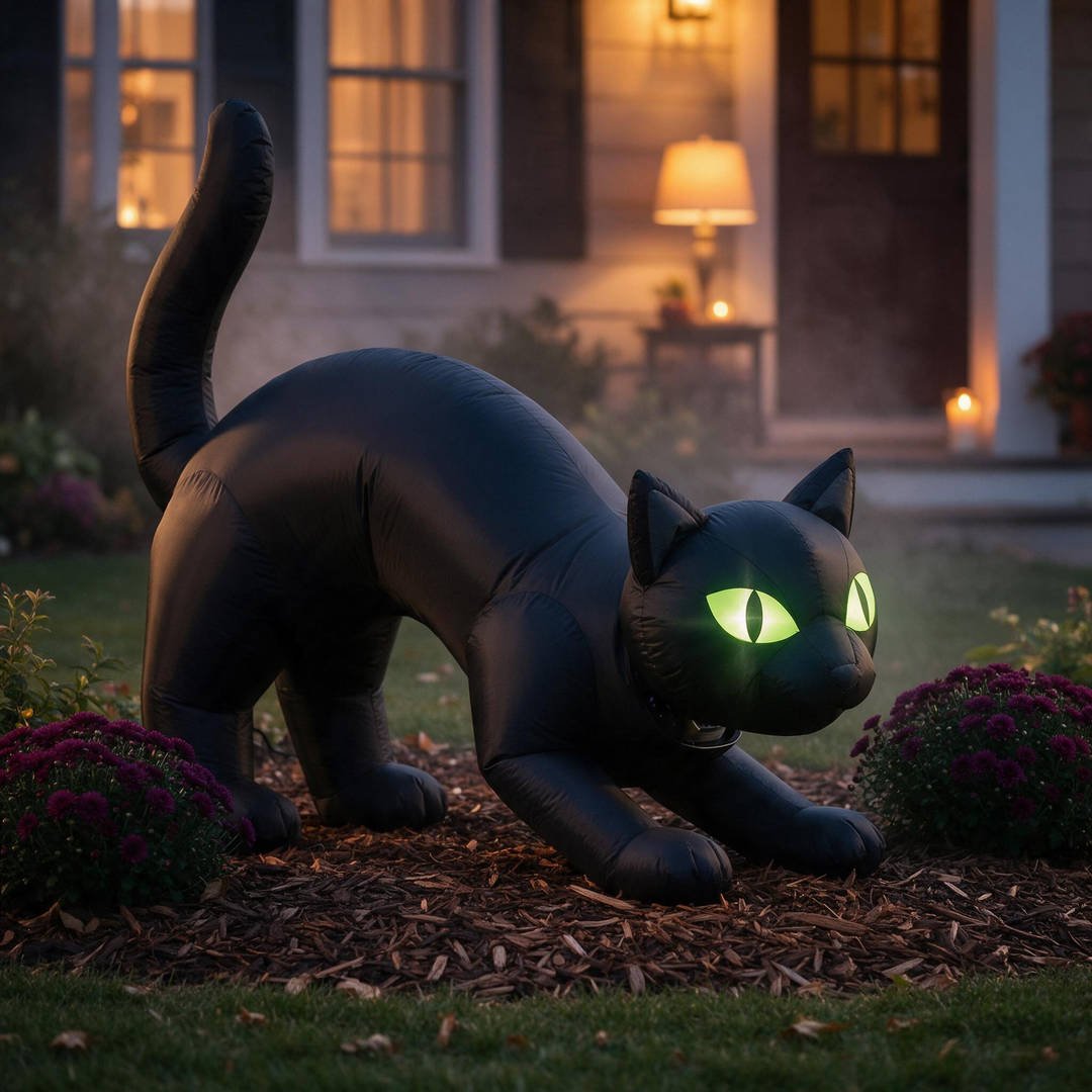 An 8-foot long animated inflatable black cat with an arched back and glowing lime-green eyes positioned on a garden bed