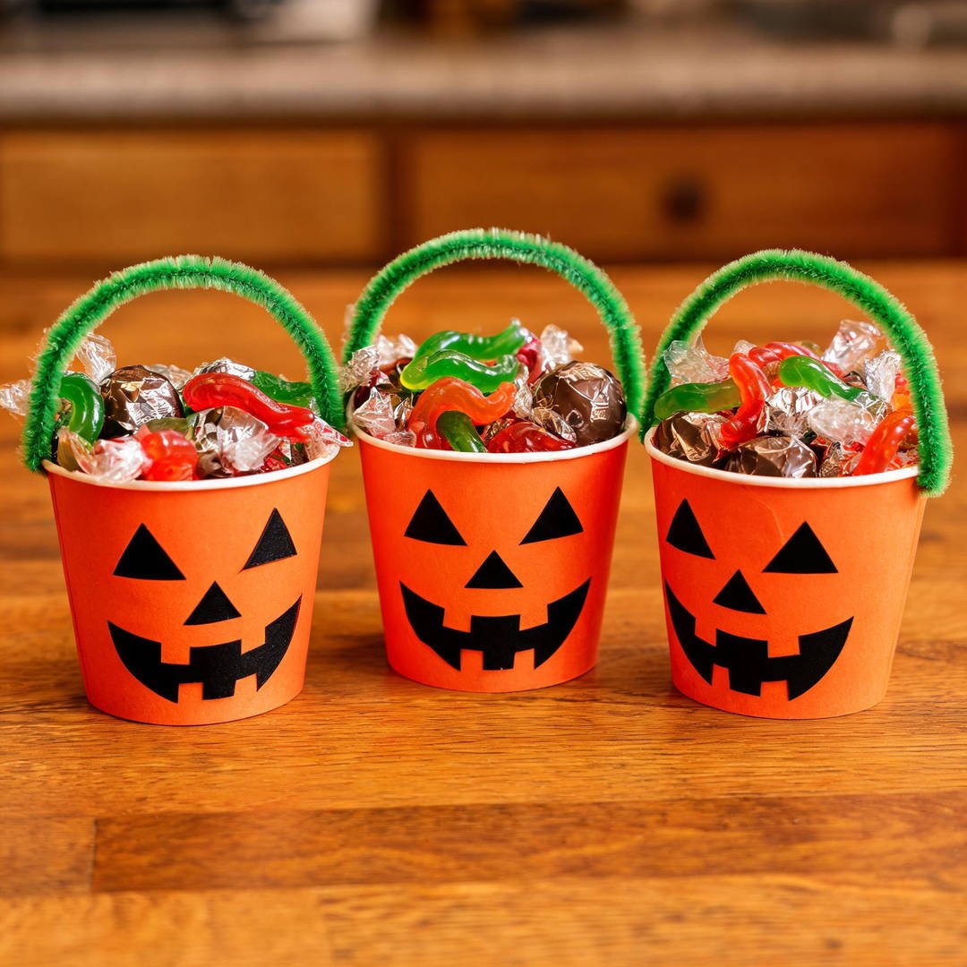 Jack-O'-Lantern Paper Cup Candy Pail - Bright orange paper cup with black pumpkin face and green pipe cleaner handle