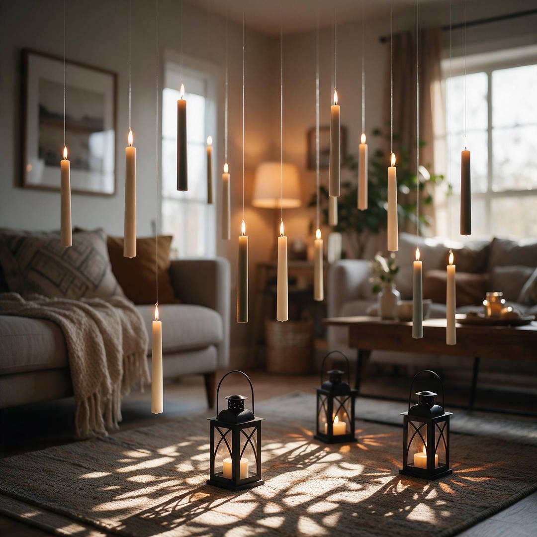 Living room illuminated by warm 2200K amber lighting from floating ceiling candles and floor lanterns