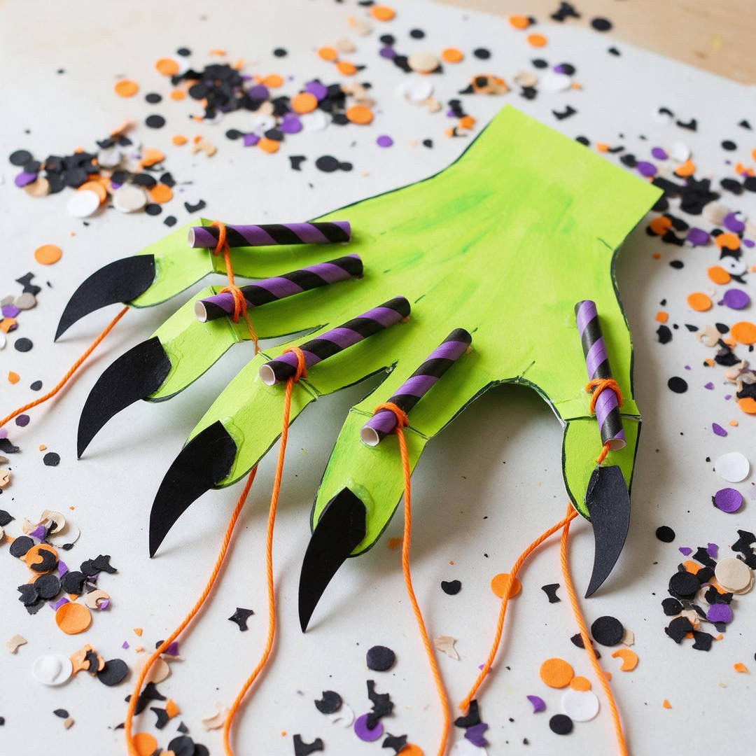 10 Moving Skeleton Hand Paper Crafts for Spooky STEM Fun 5 Monster Claw Articulated Paper Hand - Bright green cardstock hand with sharp pointed black paper claws and articulated straw knuckles