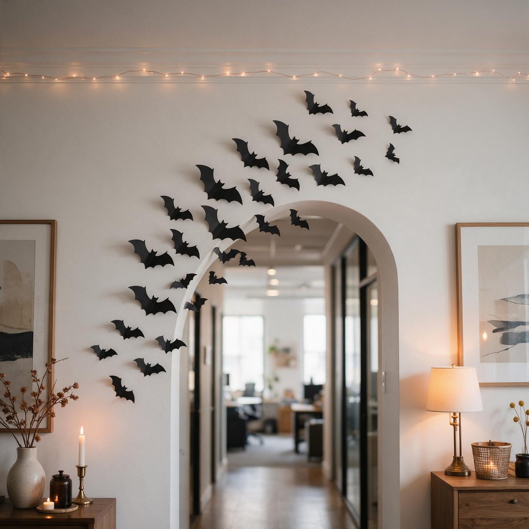 A modern commercial office hallway archway decorated with an organic ascending swarm of 3D black paper bats