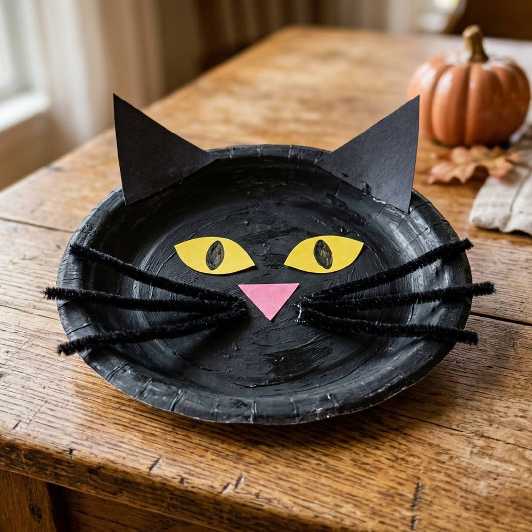 Paper Plate Black Cat with Whiskers - Black painted paper plate cat Halloween craft with yellow paper eyes and pipe cleaner whiskers