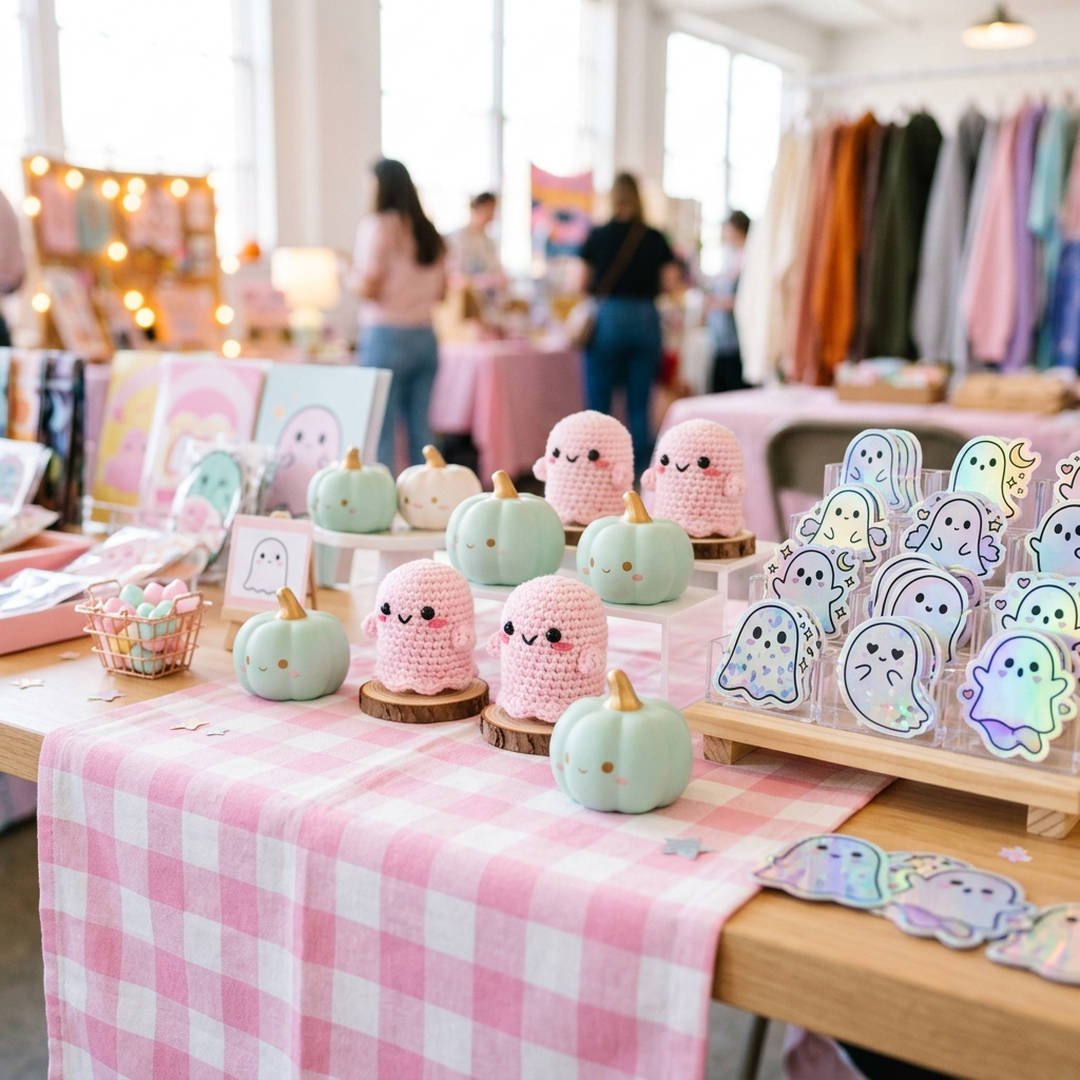 10 Best Halloween Craft Booth Ideas to Make & Sell 5 Pastel Kawaii Spooky Tabletop Display - Cute pastel pink and mint green Halloween plushies and stickers on a craft fair table
