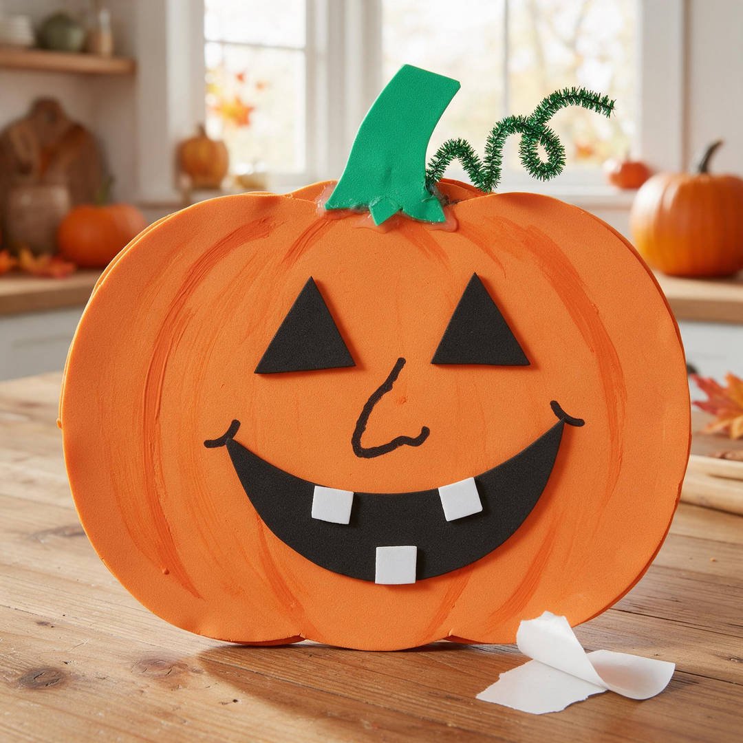10 Easy No-Mess Halloween Crafts for Toddlers (Zero Cleanup) 5 Peel-and-Stick Foam Pumpkin Faces - Thick orange craft foam pumpkin decorated with adhesive black foam jack-o'-lantern facial shapes