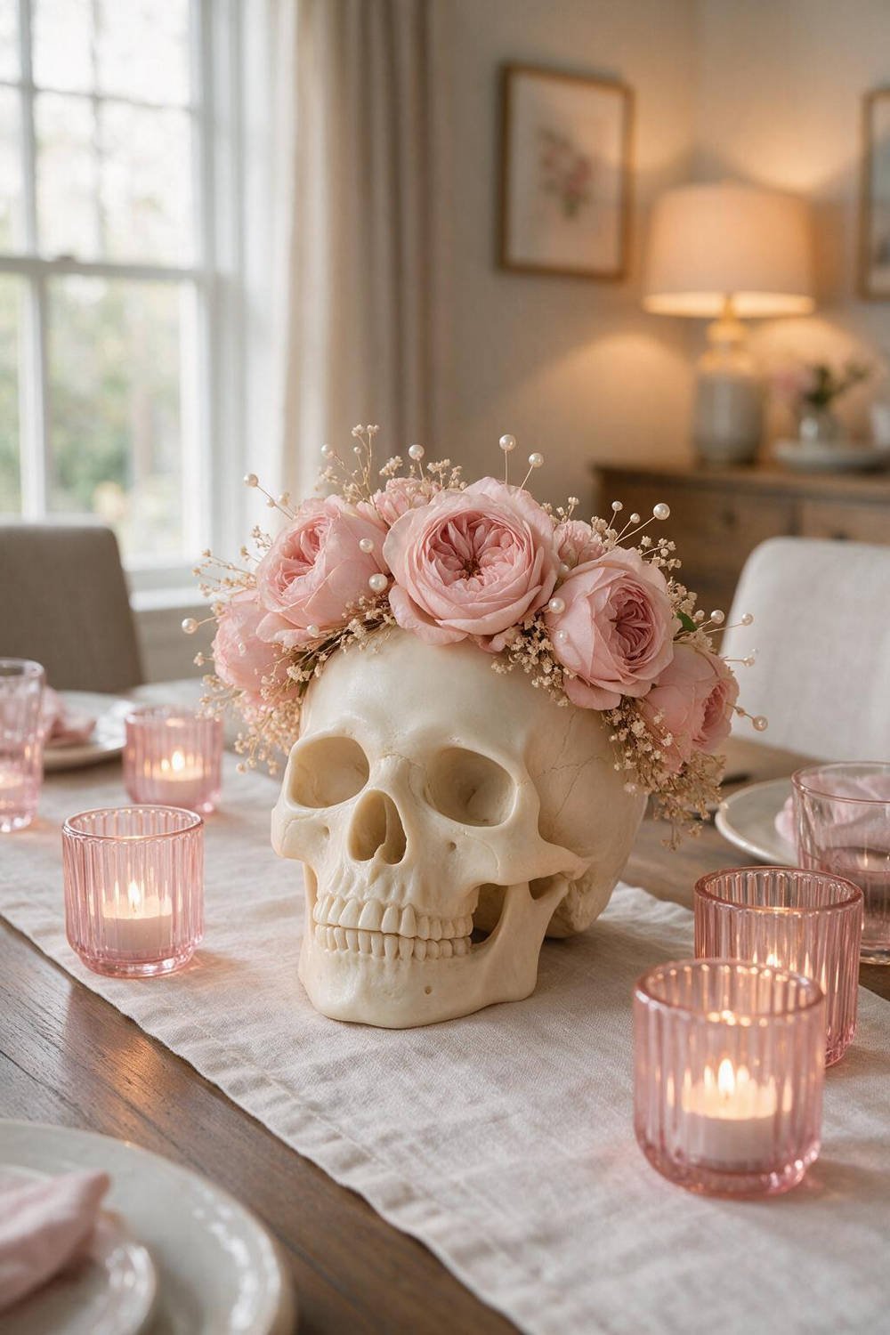 A chic dining table centerpiece featuring a matte white skull crowned with blush pink silk roses, baby's breath, and pearls