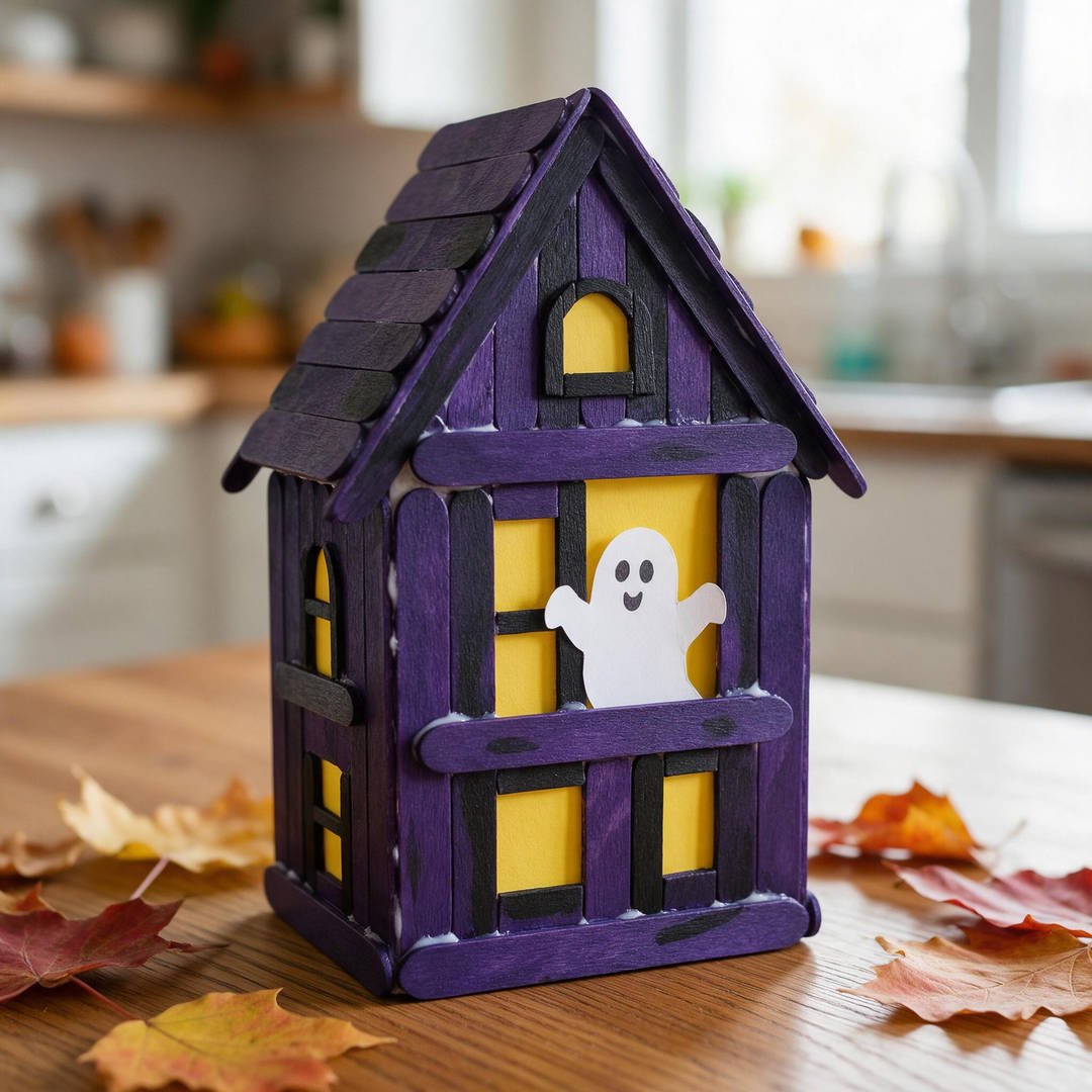 10 Easy Halloween Craft Ideas for Kids (Fun & Spooky DIYs) 5 Popsicle Stick Haunted House Frames - Triangular birch craft stick haunted house painted purple with yellow paper windows and ghost cutout