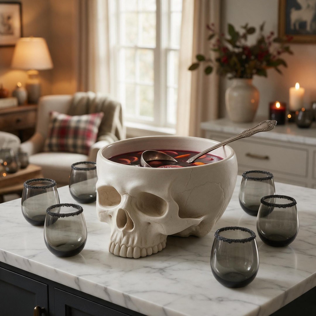 A luxury matte white stoneware skull-shaped punch bowl filled with dark blackberry punch and an antique pewter ladle
