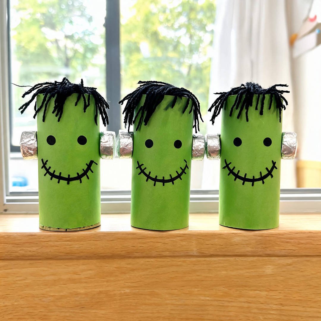 10 Easy Halloween Crafts for School (Grades 1-5) 5 Recycled Cardboard Tube Frankenstein - Painted cardboard tube monster with yarn hair and foil neck bolts