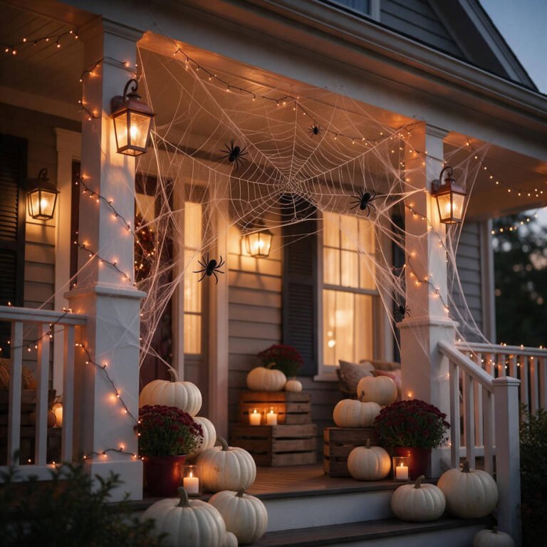 How to Decorate with Spiders and Cobwebs in a Chic & Spooky Way 12 Step 5: Completed chic spiderweb front porch display illuminated by warm amber lanterns and fairy lights at twilight