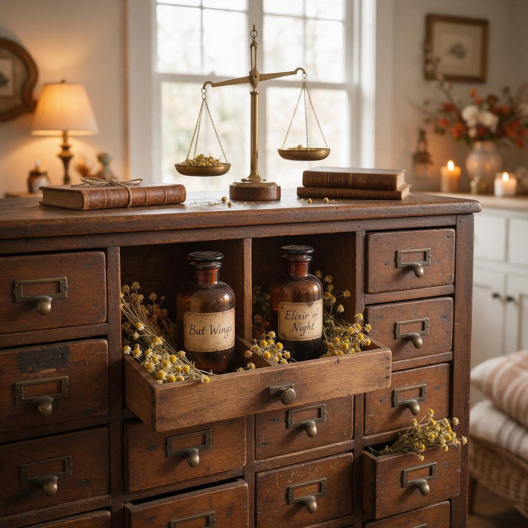 A rustic vintage apothecary cabinet filled with amber glass potion bottles, antique labels, and dried herbs