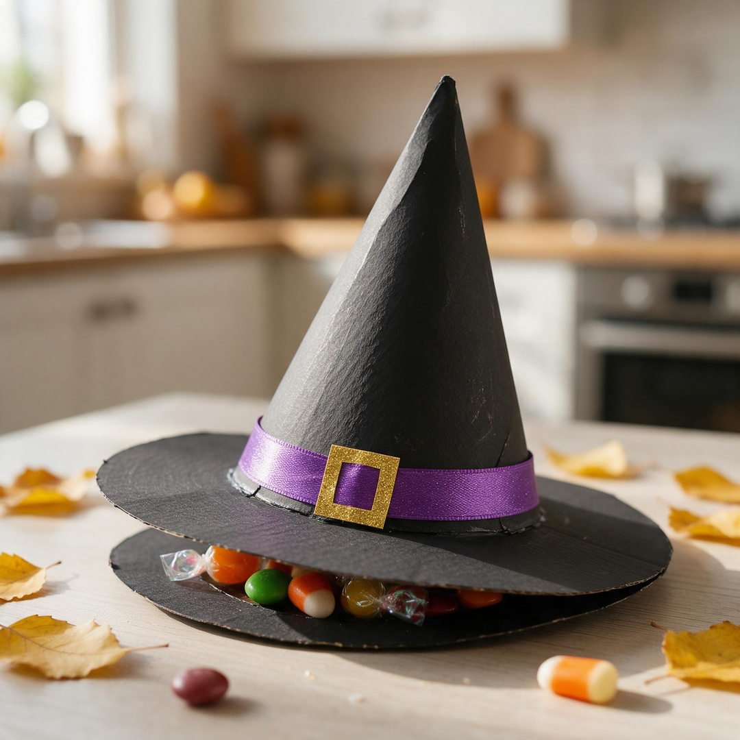 Wicked Witch Hat Hexagon Treat Box - Black conical paper witch hat favor box with purple metallic buckle ribbon