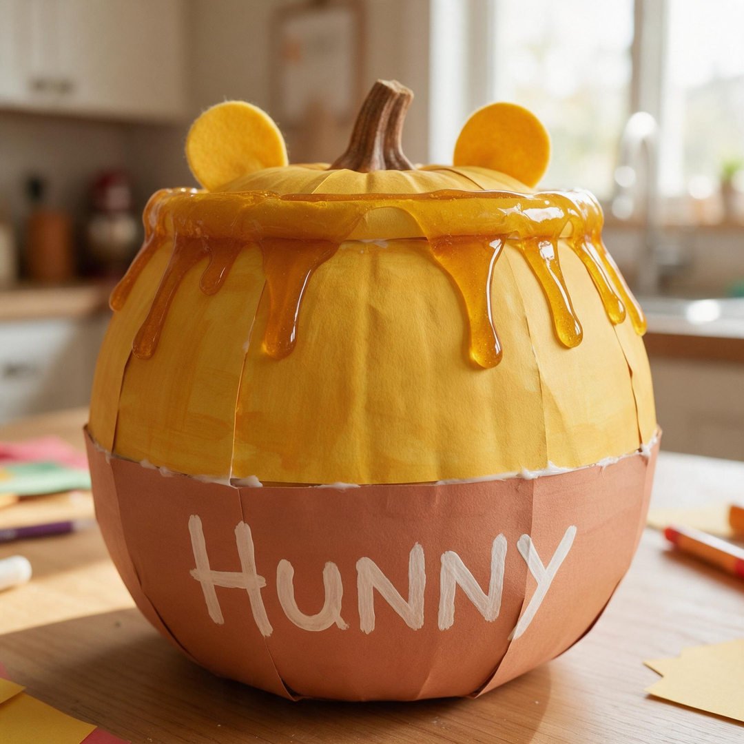 Winnie the Pooh Hunny Pot Pumpkin - Warm golden yellow pumpkin with glossy honey dripping from the rim and classic HUNNY lettering