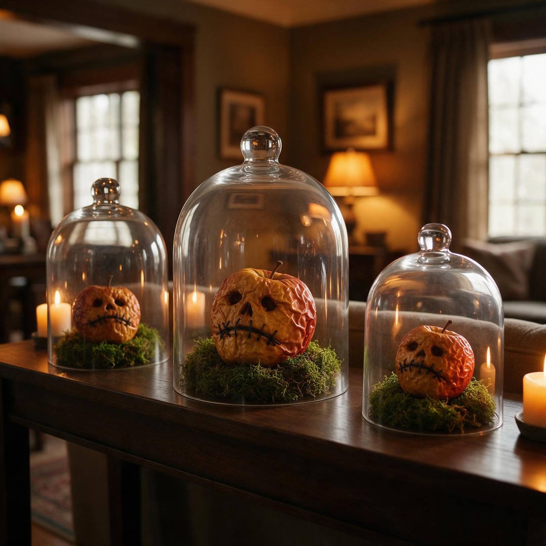 25+ Spooky Beetlejuice Halloween Decorations (Sandworm DIYs!) 7 Three glass apothecary jars containing handcrafted wrinkled dried apple shrunken heads with stitched yarn mouths and moss accents