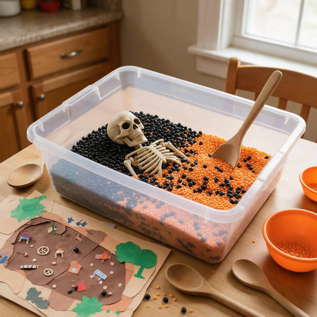 10 Fun Halloween Sensory Activities for Toddlers (Taste-Safe) 6 Black Bean & Orange Lentil Excavation Bin