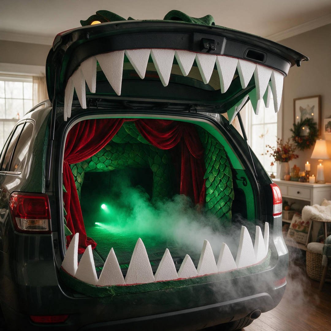 30+ Easy Car Halloween Decorations (Trunk or Treat Ideas!) 7 An SUV rear liftgate opened wide to reveal giant jagged white teeth green reptilian scales and smoke billowing from the trunk