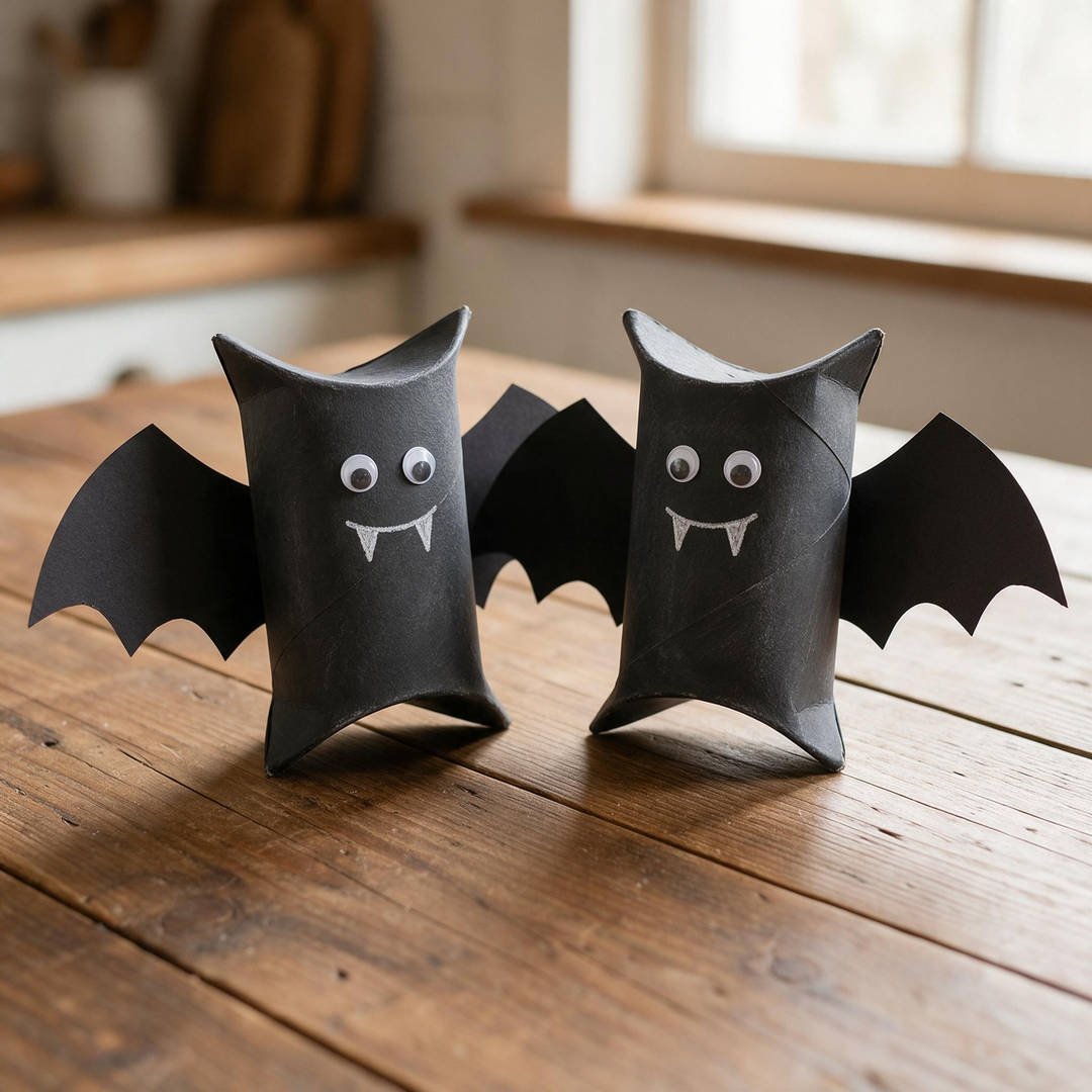 Cardboard Tube Bat Pillow Treat Box - Recycled cardboard toilet paper roll pinched into a pillow box painted black with cardstock bat wings