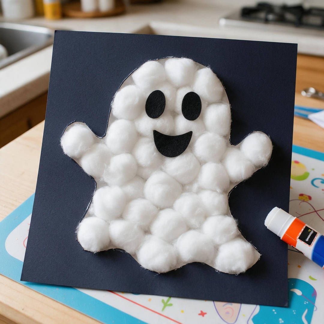 10 Easy Halloween Craft Ideas for Kids (Fun & Spooky DIYs) 6 Cotton Ball Puffy Ghost Silhouette Cards - Fluffy pulled white cotton balls glued inside black cardstock ghost cutout with smiling black eyes