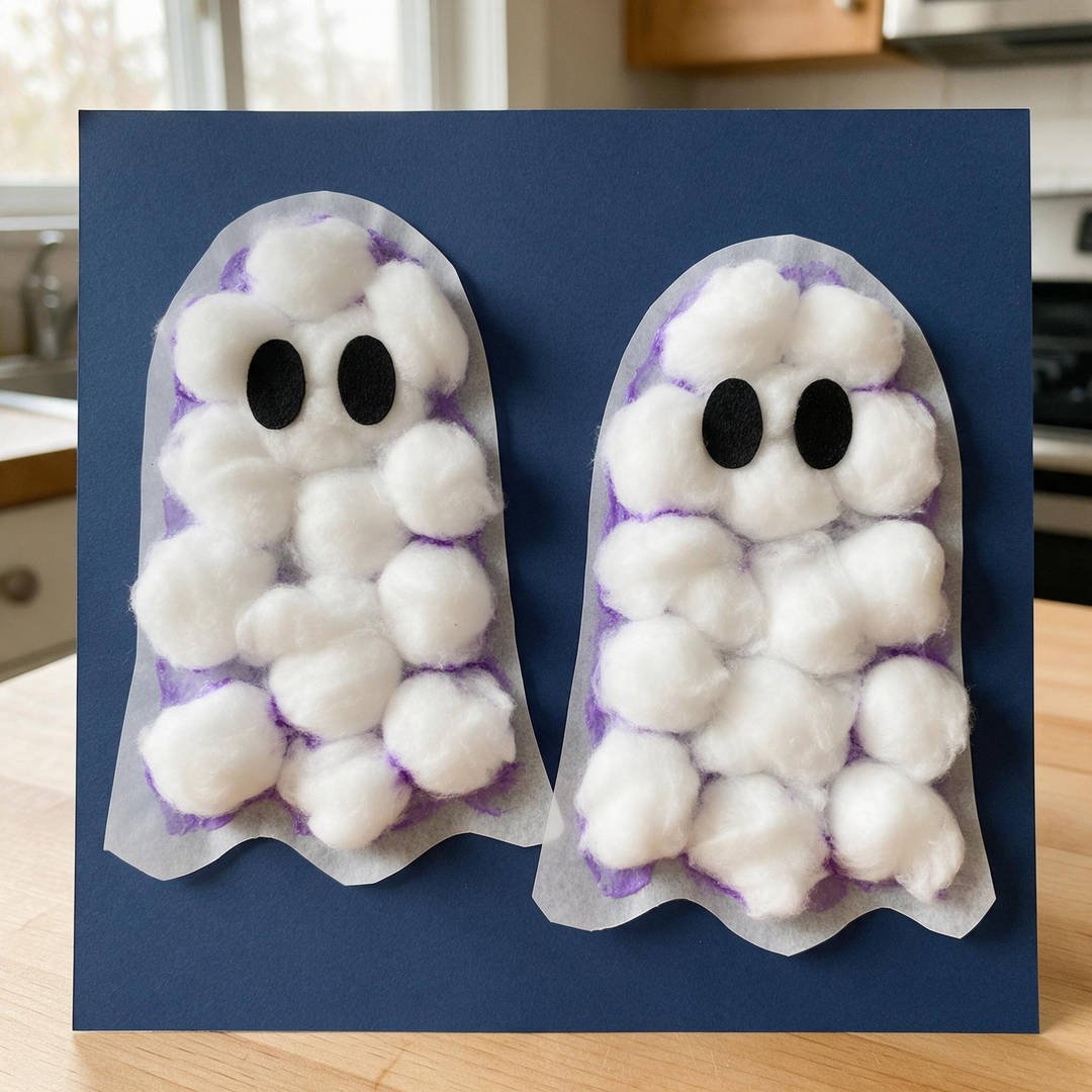 10 Easy No-Mess Halloween Crafts for Toddlers (Zero Cleanup) 6 Cotton Ball Wax Paper Ghosts - Translucent wax paper ghost shape covered in soft pulled white cotton balls with black paper eyes