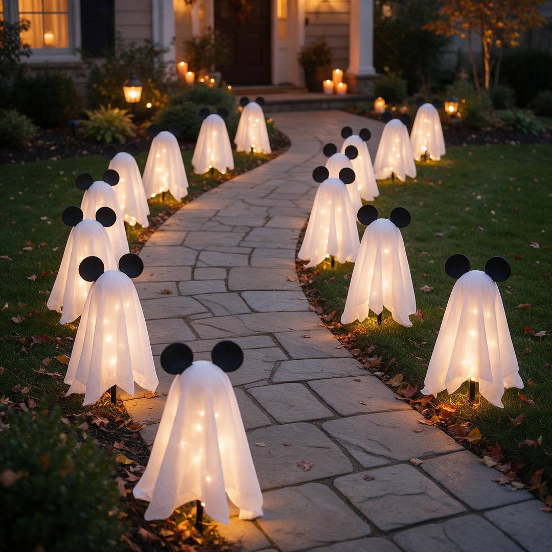 25+ Magical Disney Halloween Outdoor Decorations (Mickey Pumpkins & Haunted Mansion Ideas!) 7 Illuminated Mickey Mouse sheet ghost lawn stakes lining a stone garden walkway at twilight