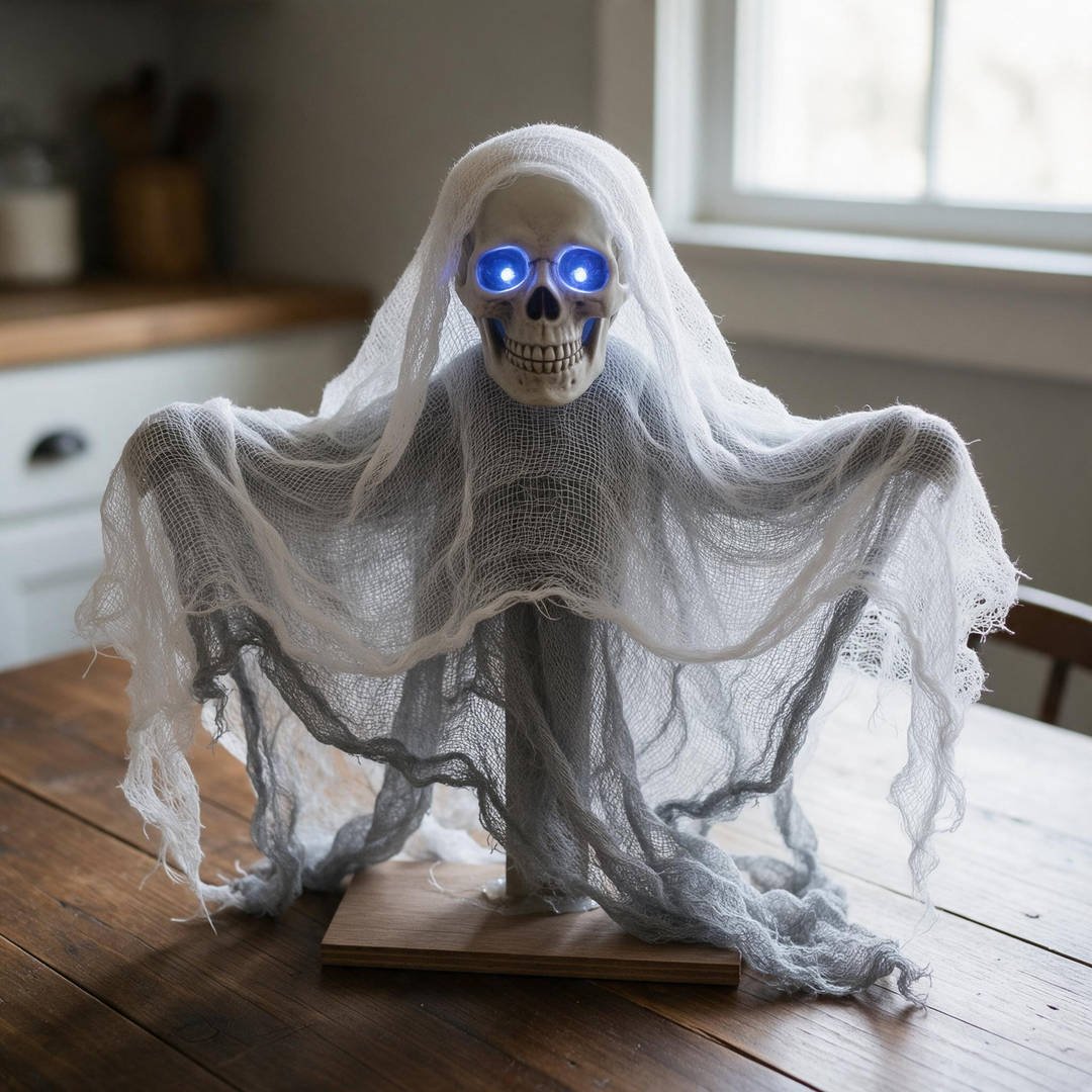 Dollar Tree Creepy Cloth Draped Ghost - Flowing white cheesecloth and gray creepy cloth draped over foam skull with glowing LED eyes