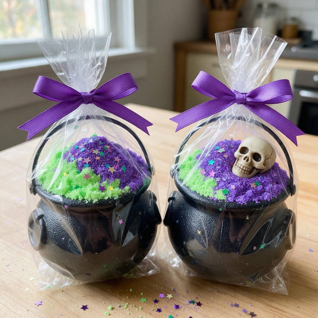 Handmade Bubbling Cauldron Bath Bombs - Miniature black plastic cauldron filled with sparkling purple and green fizzy bath dust
