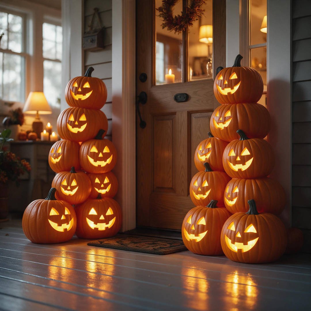 25+ Best Home Depot Halloween Decorations for 2026 (Viral Animatronics & Porch Decor!) 7 Five-foot illuminated blow mold pumpkin stack topiary brightening a covered front porch