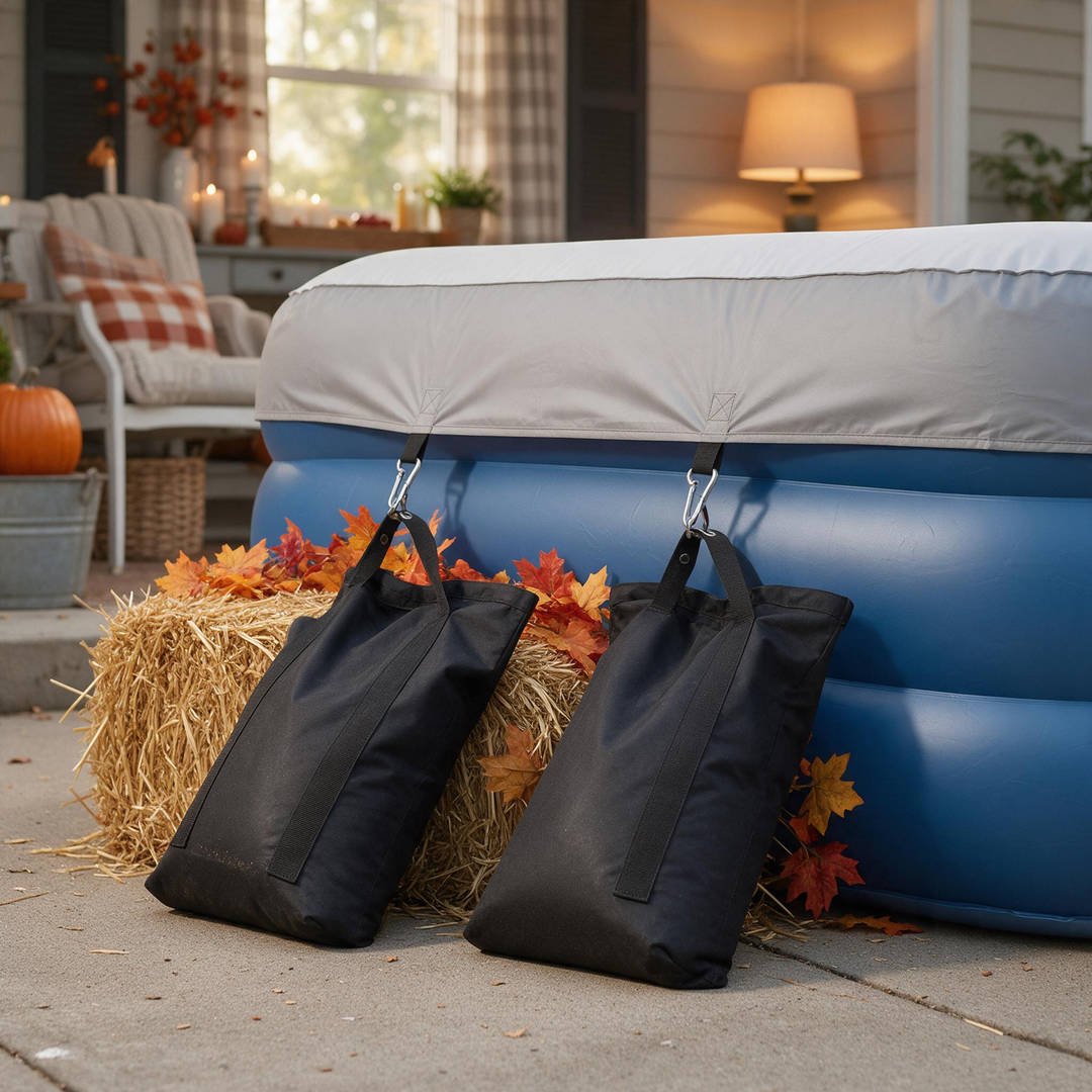 Heavy-duty black canopy weight bags filled with sand discreetly securing the base of an outdoor inflatable on a concrete driveway