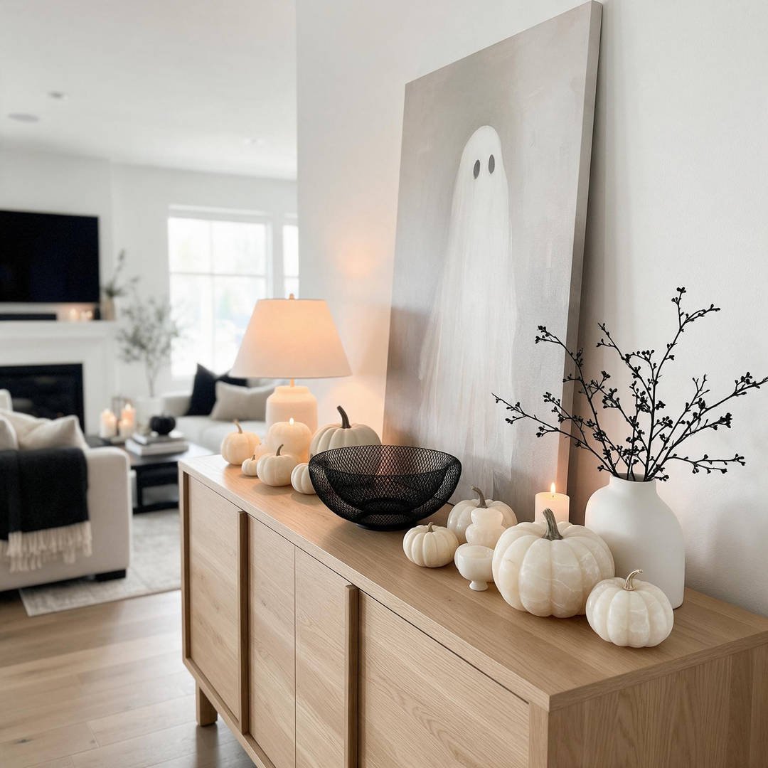 Modern neutral living room with monochromatic cream, black, and alabaster Halloween decor accents