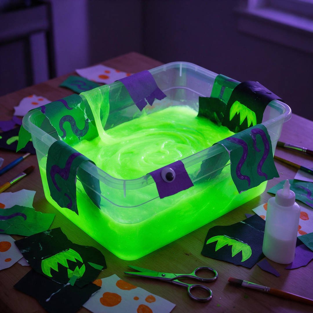 10 Spooky DIY Monster Slime Ideas for Eerie Halloween Fun 6 Neon Green Alien Goo Monster Slime - Phosphorescent neon green slime glowing brightly inside a clear lidded storage container