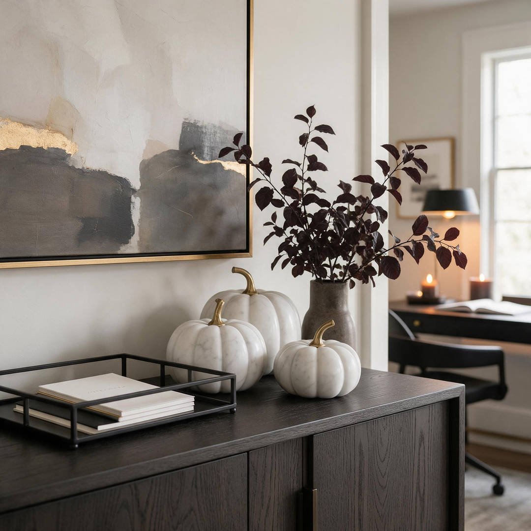 Elegant minimalist corporate Halloween office decor with neutral brass, white marble pumpkins, and greenery