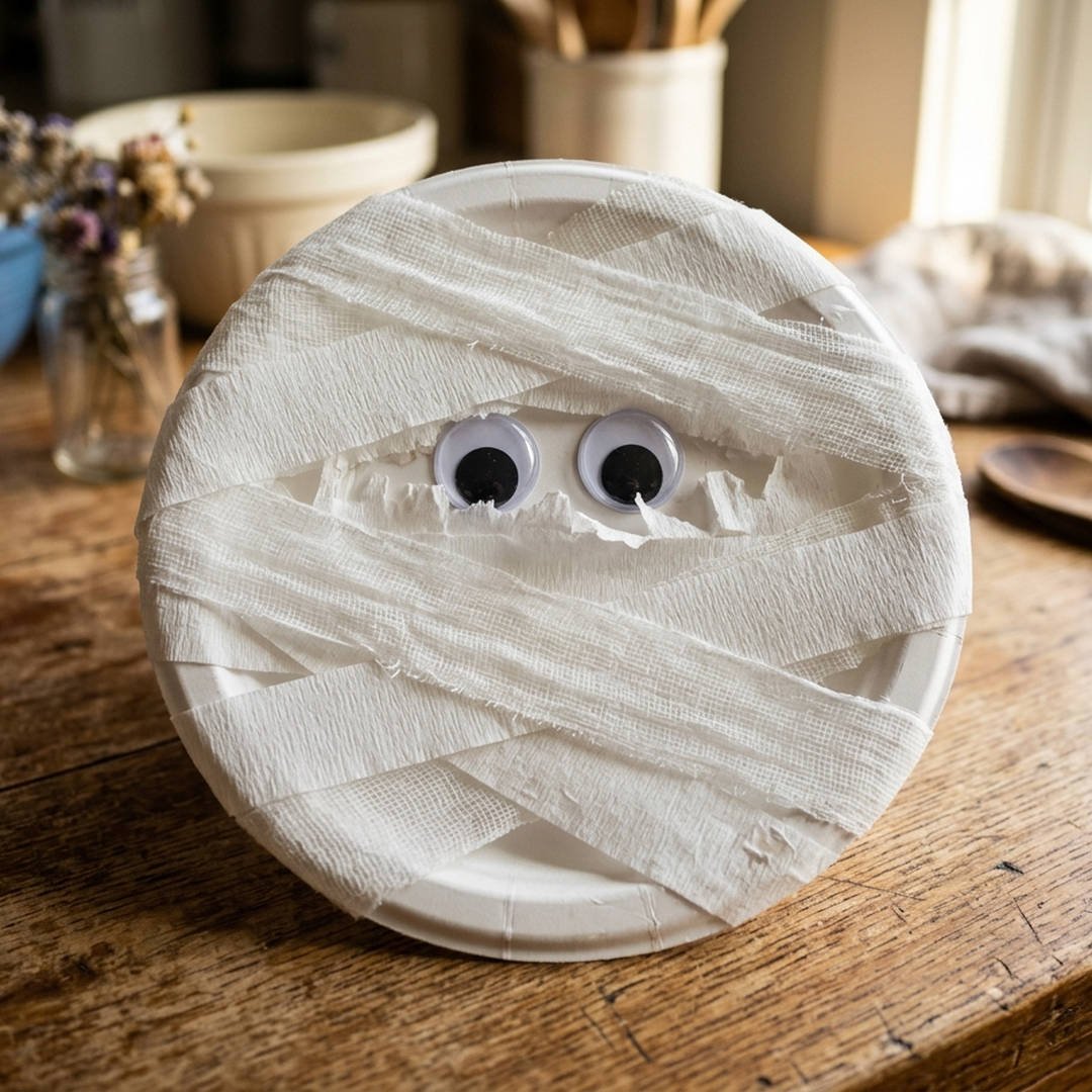Paper Plate Mummy Wrap - Charming white paper plate mummy craft crisscrossed with white gauze bandage wraps and peeking googly eyes