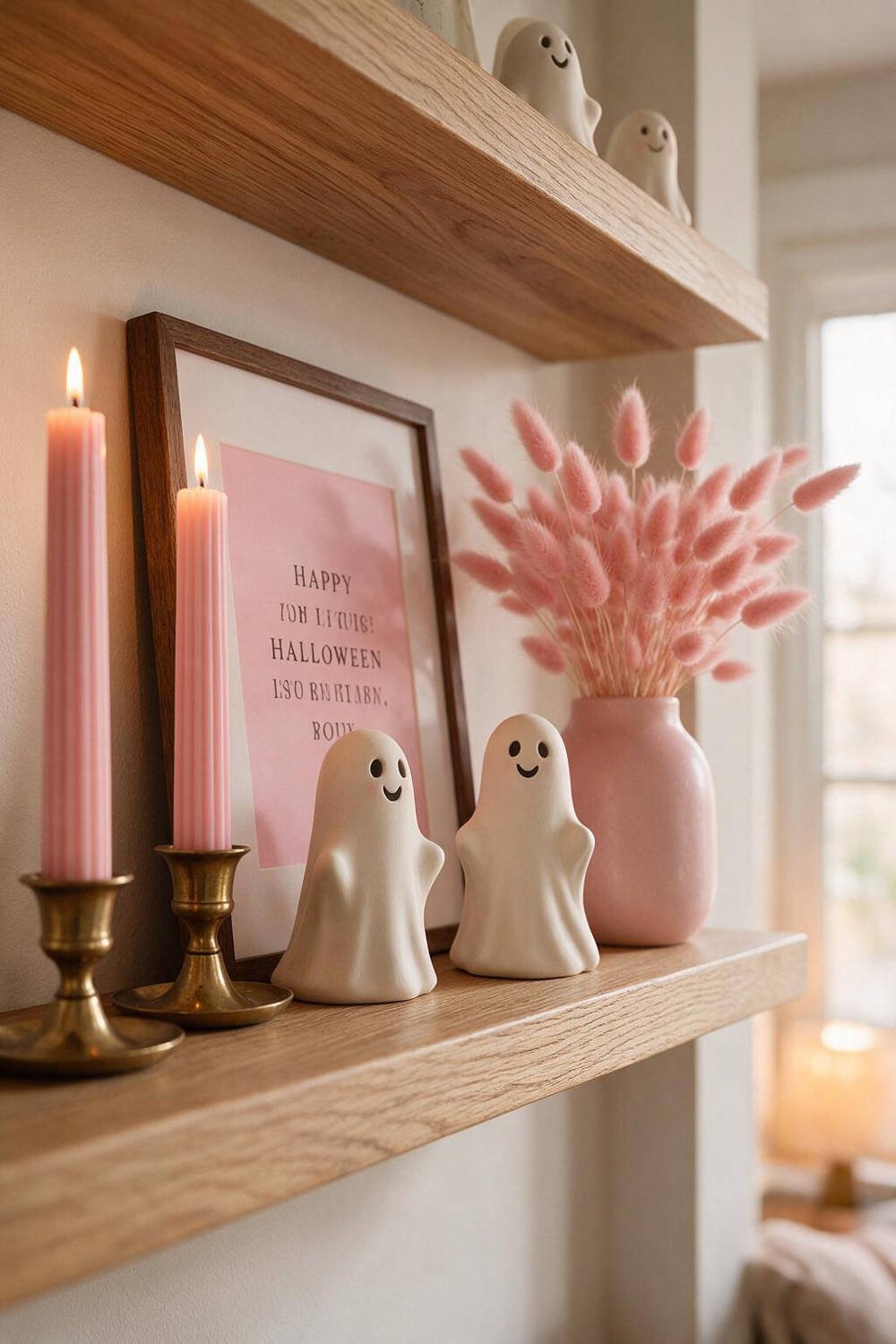 Open floating wooden shelves decorated with cute friendly ceramic ghosts, pink fluted candles, and dried bunny tails