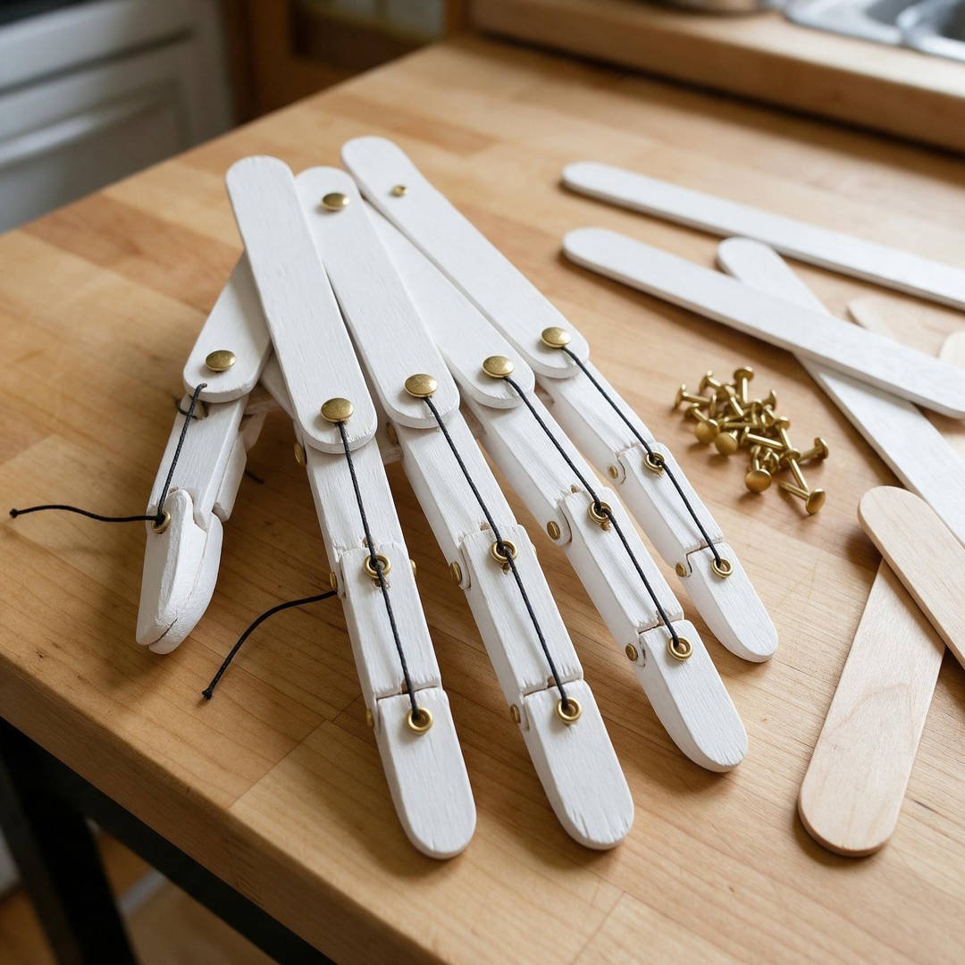 10 Moving Skeleton Hand Paper Crafts for Spooky STEM Fun 6 Popsicle Stick & Brad Pin Marionette Hand - Movable wooden craft stick skeleton hand hinged with brass metal brads