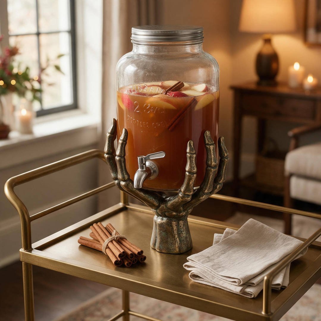 A glass beverage dispenser held aloft by an aged antique bronze skeleton stand on a party bar cart
