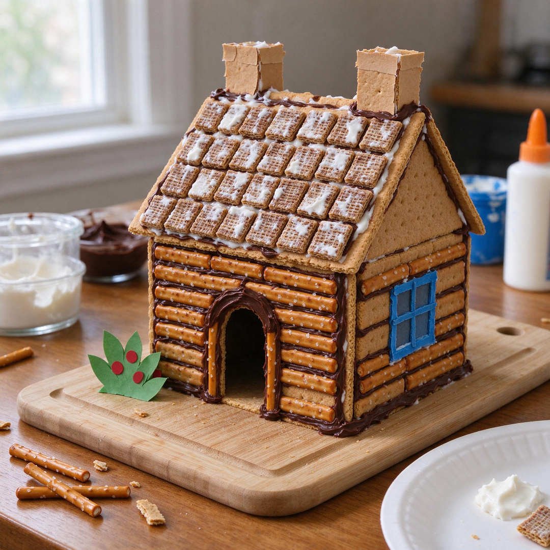 Pretzel Log Haunted Cabin - Rustic gingerbread cabin built with pretzel stick log walls and chocolate frosting mortar