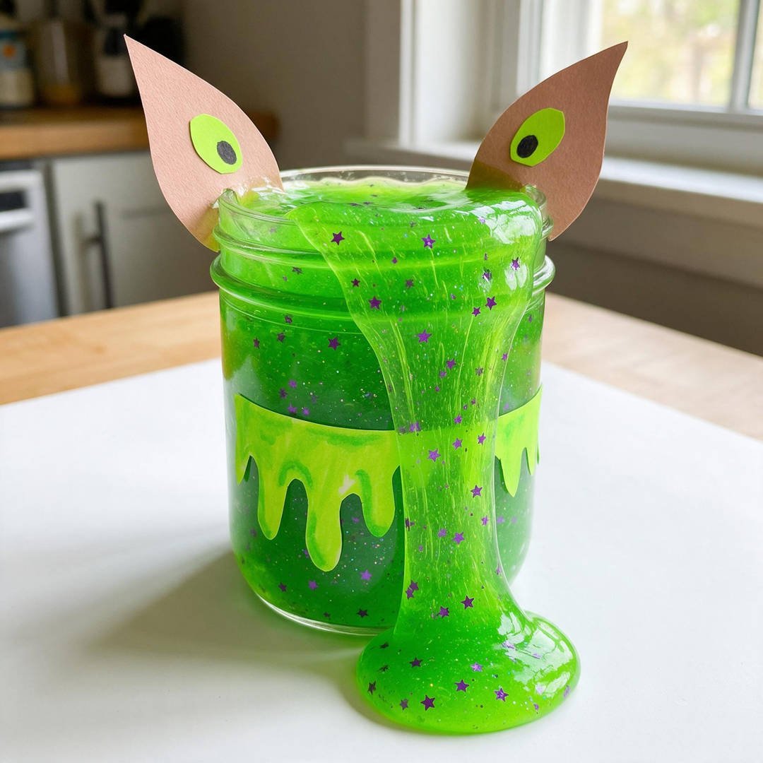 Slime Goblin Ooze Potion - Clear jar with stretchy vibrant lime green translucent slime oozing over the rim with glitter